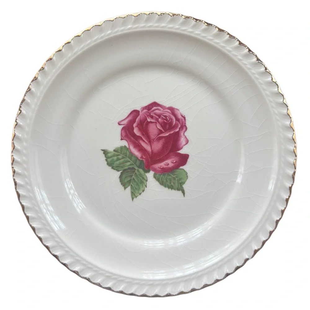 Vintage Floral Plates Harkerware China Rose 2 Pc Plate Set Cottage Pink Ivory